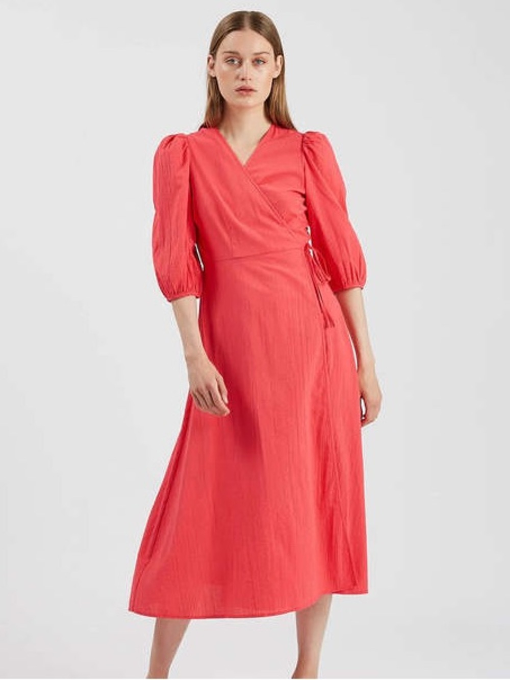 Minimum Cotton Elmina Wrap Midi Dress with Puff Sleeves - Paradise Pink - #17